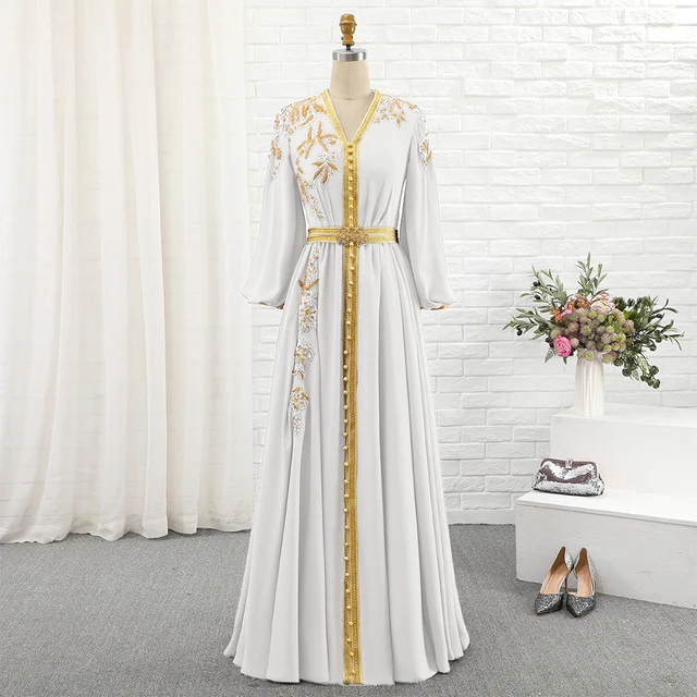 Bbonlinedress Moroccan Caftan Evening Dresses Embroidery Appliques Long Casual Women Dress Arabic Muslim Plus Size Party Robe white