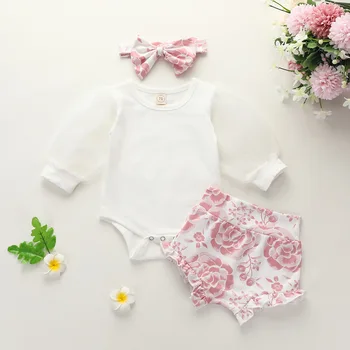 

Summer Tulle Sleeves Cotton Baby Girls Clothes White Bodysuit+Pink PP Pant+Headband 2020 Rose Print Toddler Girl Clothing D30