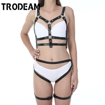 

TRODEAM Black Leather Garter 2 PcsSet Sexy Harness Bra Bondage Cage Adjustable Suspenders Belt Metal Accessories Underwear Women