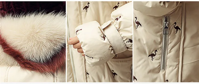 Женская Средняя длинная до низу куртка новая вышивка большой меховой воротник зимний белый пуховик высокого качества Женское пальто XIN021