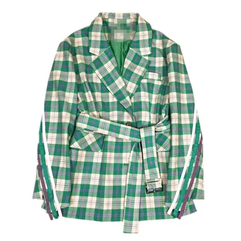 

Women's Blazer Mid-length 2020 Autumn New Striped Stitching Lattice Tie Women Blazers and Jackets Green Plaid Blazer Coat Lady