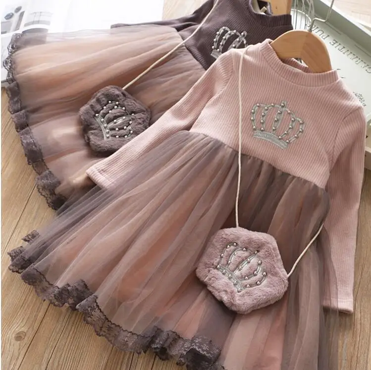 2019 Новые Детские Зимние флисовые сетчатые платья с сумочкой милая одежда