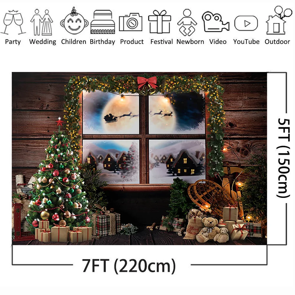 Рождественский фон с окнами для фотосъемки зимний X-mas светильник Луна Рождественская елка фон деревянные подарки игрушка Фотофон