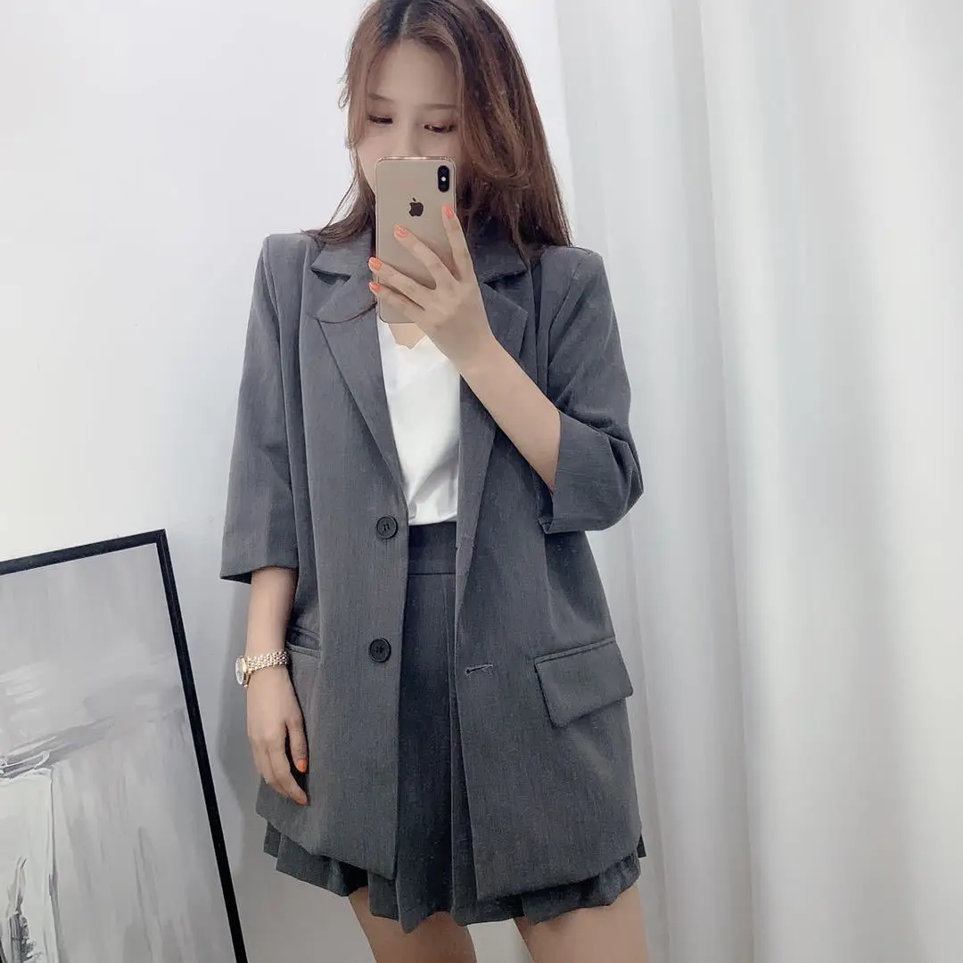 

Mrs. Money Network Red Black Small Suit Coat Women's Korean-style Loose-Fit British-Style Suit Pleated Skirt Two-Piece Set