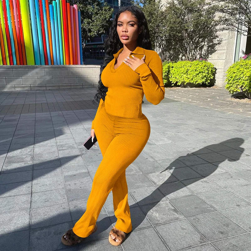 

Комплект женский трикотажный из двух предметов, пикантная повседневная одежда в рубчик, топ с отложным воротником и длинным рукавом и брюки с колокольчиком, домашние костюмы