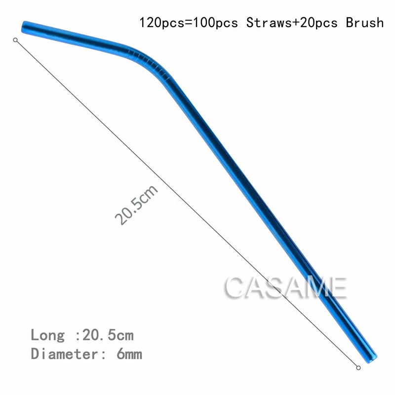 100 шт нержавеющей стали питьевой соломы оптом многоразовые соломы золотые металлические соломинки пищевой сочные вечерние щетка для чистки соломинок набор бар - Цвет: Blue Bent Straws