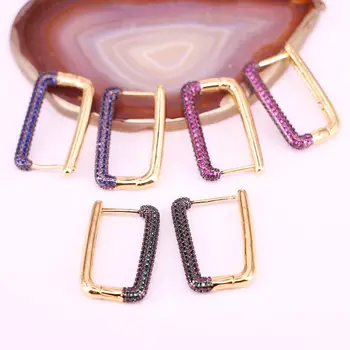 

3Pairs, 18*30MM, Colorful Hoop Earrings Women CZ Rainbow Jewelry Gold Color Geometric Rectangle Hoops