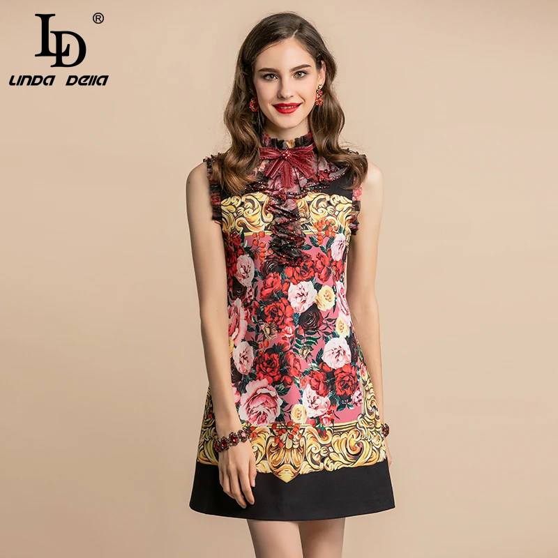 Billige LD LINDA DELLA Herbst Fashion Runway Vintage Kleid frauen Ärmelloses Blumen Druck Spitze Rüschen Kristall Perlen Kurze Kleider