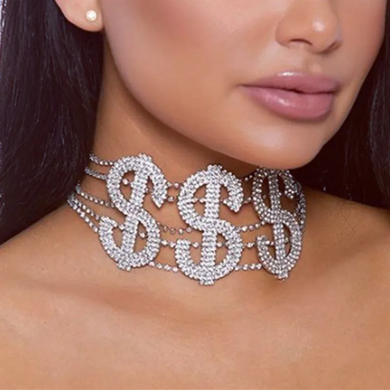 

Luxury shiny crystal custom $$$rich letter necklace Necklace women's big money dollar Rhinestone Necklace Jewelry Gift Accessori