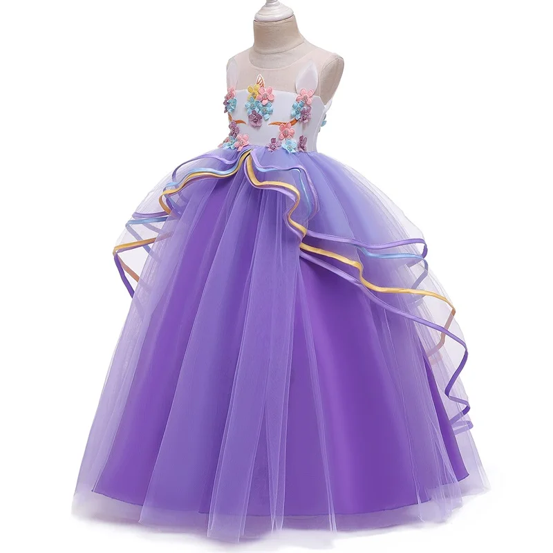 Fantasy Unicorn Dress For Girl Princess Party Dress Baby Halloween Costume Rainbow Tiered Mesh tutu Dress Kids Licorne Long Robe