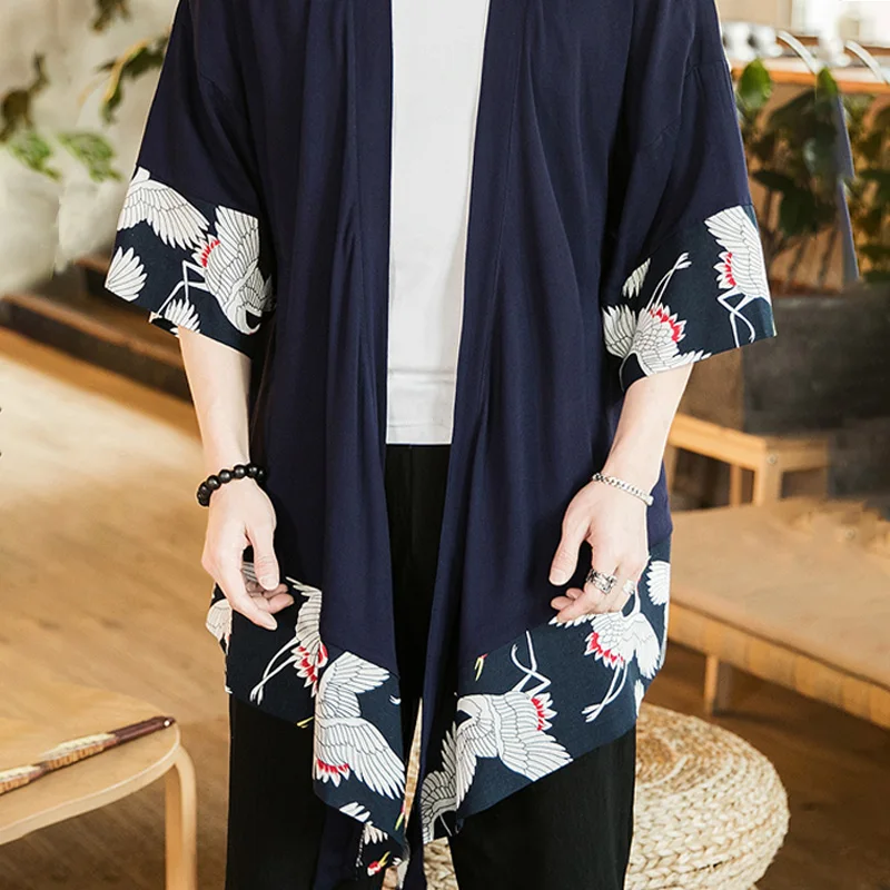 Традиционное японское кимоно брюки для мужчин азиатская одежда банные Брюки повседневные свободные мужские японский стиль юката брюки льняные укороченные брюки - Цвет: top-navy blue