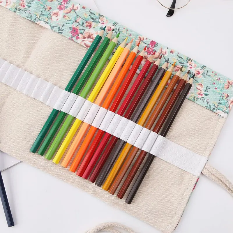 

Floral Print 12/24/36/48/72 Holes Canvas Roll Up Makeup Pencil Bag Wrap Curtain Pen Case Holder Storage Pouch
