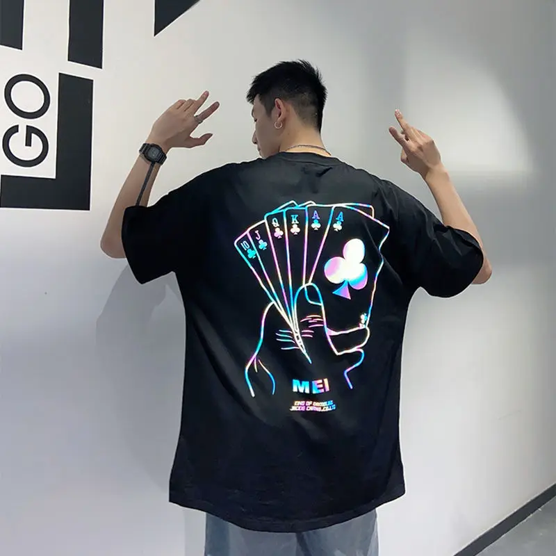 fintælling fiktiv chokerende Cool Black Reflective T Shirt Streetwear Men Oversized T-Shirt Japan  Harajuku Ppoker Tshirt Summer High Street Half Sleeve Tops - AliExpress