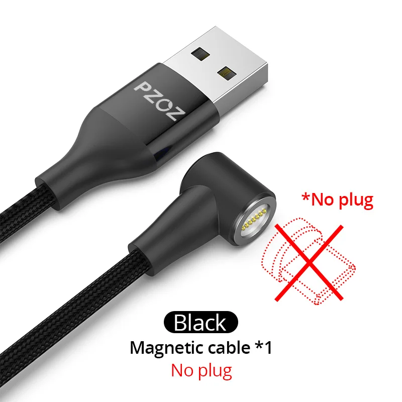Black 1m No Plug Магнитный кабель PZOZ 90 градусов usb c Micro usb type C для быстрой зарядки, магнитное зарядное устройство Microusb type-C для iphone Xs MAX xiaomi usb-c - Цвет: Black 1m No Plug