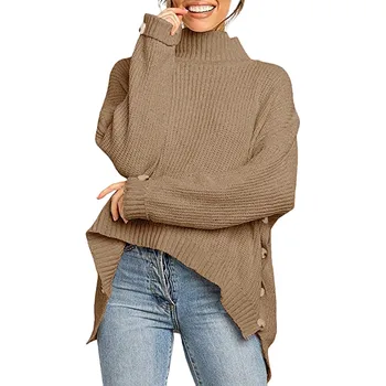 

Women's turtleneck водолазка женская Pullover кардиган Button Irregular Solid Long Sleeve Turtleneck Knitted Sweater Top #3