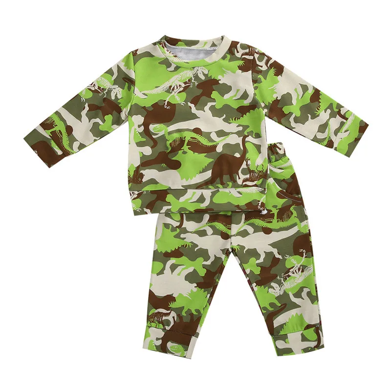 

2020 Baby Boy Clothing Dinosaur Tshirts Pants Suit Camouflage Round Neck Long Sleeve Drawstrings Pants Baby Clothing