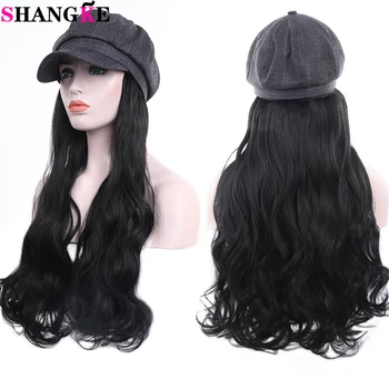 

SHANGKE Synthetic Long Curly Wavy Hat Wigs For Women Natural Brown Black Wigs Naturally Connect Hat Wig Adjustable