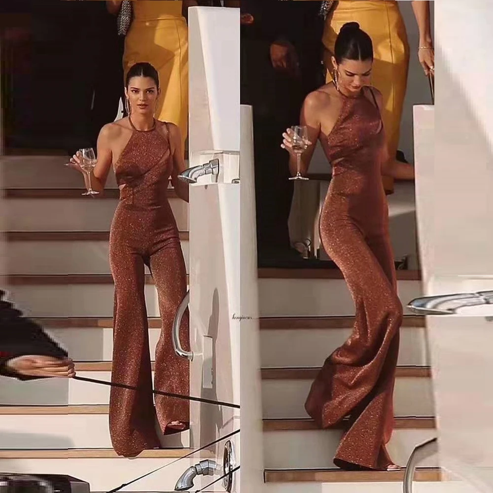 

2019 New Women Summer Brown Fashion Jumpsuit Sexy backless Sleeveless Solid Halter Verano Clubwear Jumpsuits Wholesale Party