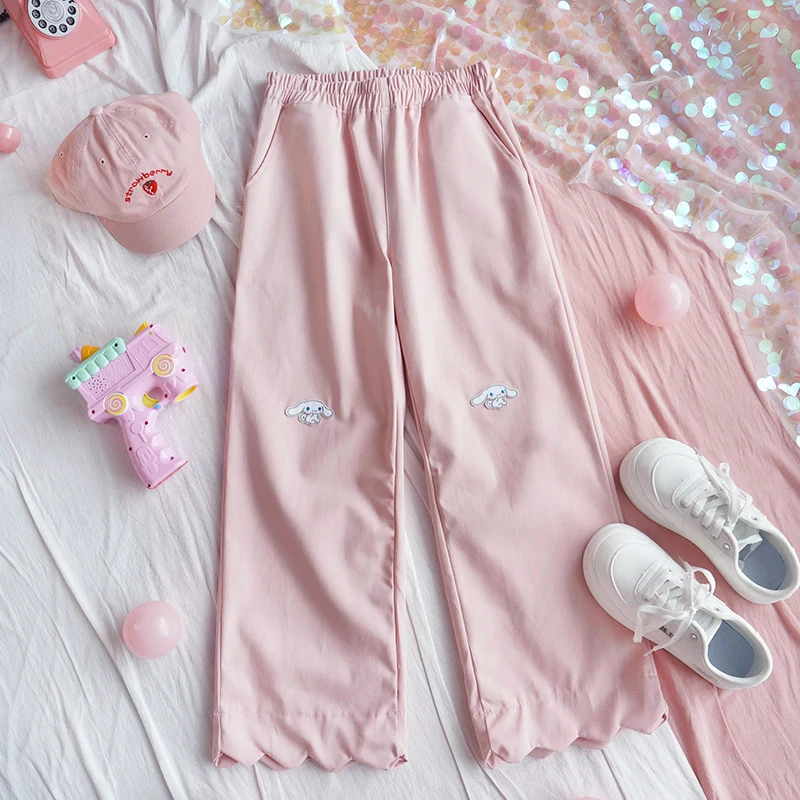 Spring Wide leg pants Girls Loose Student Cute Lace Small Rabbit patch Embroidery Elastic waist Pants Soft Sister Casual Pants Spring Wide leg pants Girls Loose Student Cute Lace Small Rabbit patch Embroidery Elastic waist Pants Soft Sister Casual Pants