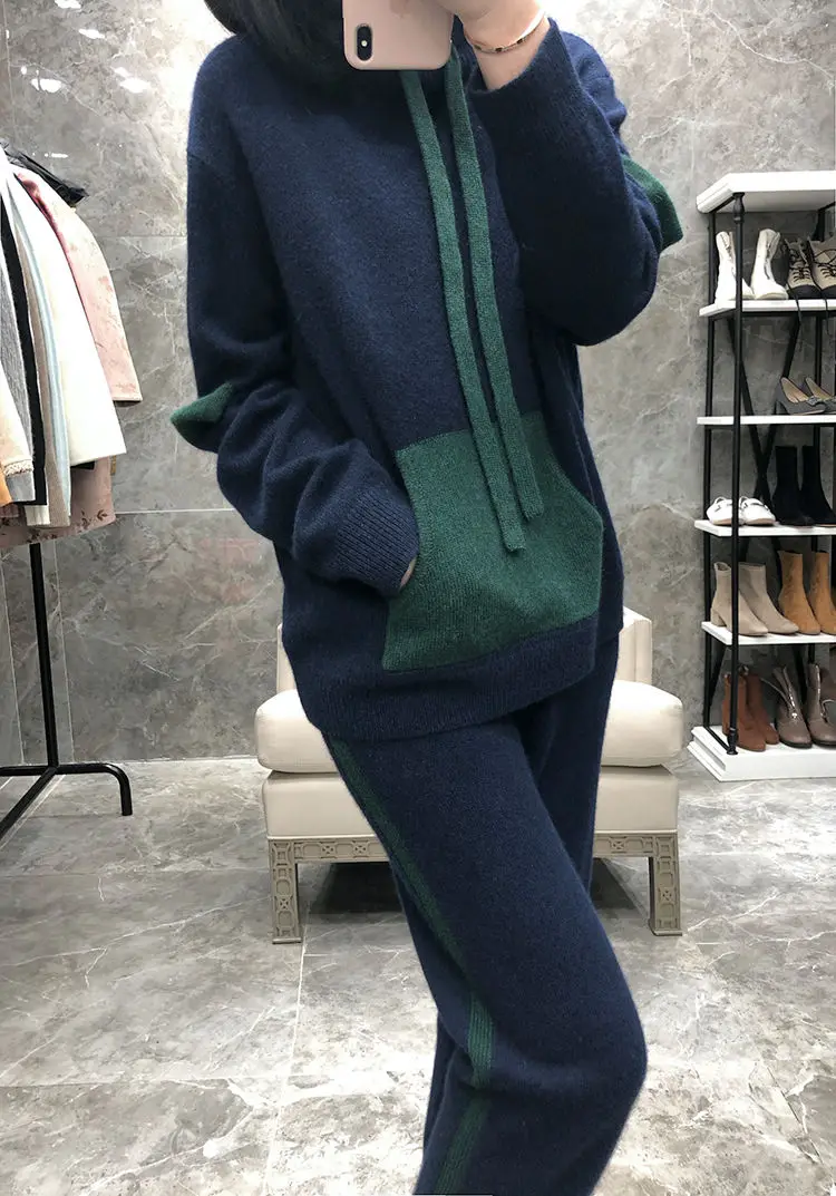 Dark blue FRSEUCAG, женский костюм, вязаный свитер с капюшоном, два предмета, шерстяные вязаные шаровары, Повседневные Удобные осенние и зимние высококачественные брендовые - Цвет: Dark blue