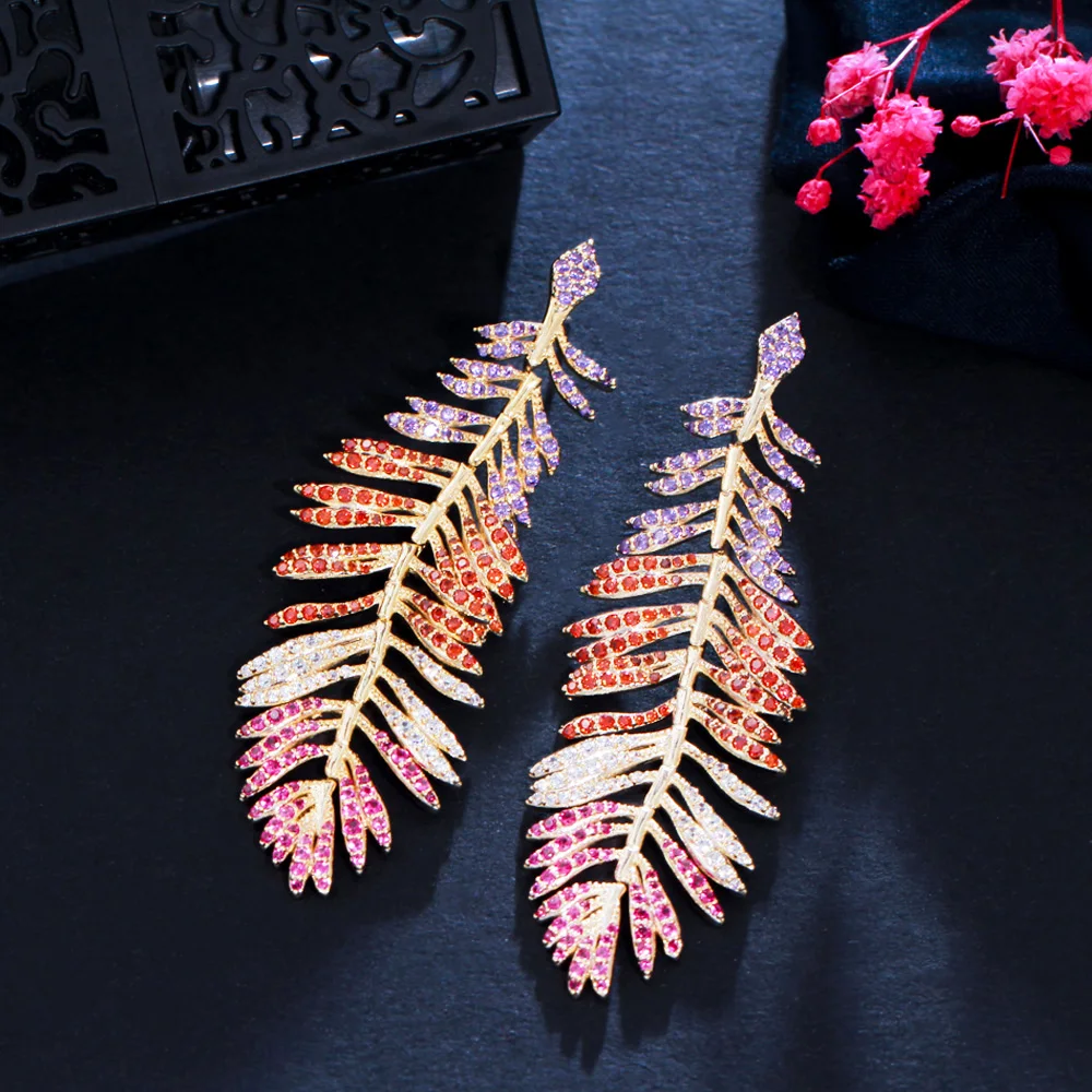 CWWZircons Luxury Multicolor Cubic Zirconia Long Drop Dangle Big Feather Earrings for Women Statement Wedding Jewelry CZ939