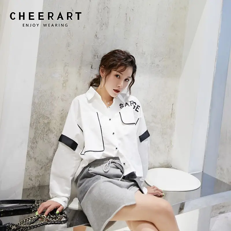 

Cheerart Oversized Blouse White Long Sleeve Loose Shirt Asymmetrical Designer Top Color Block Autumn Blouse Clothing