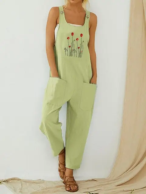 Womens Dungarees Print Rompers 2021 Summer New Ladies Casual Loose Linen Cotton Jumpsuit Sleeveless Pocket Overalls Playsuit 3A1840-Green