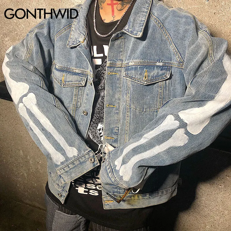 GONTHWID Граффити скелет и кости джинсовая куртка с принтом уличная мужская хип хоп панк Рок джинсовая куртка модная повседневная куртка