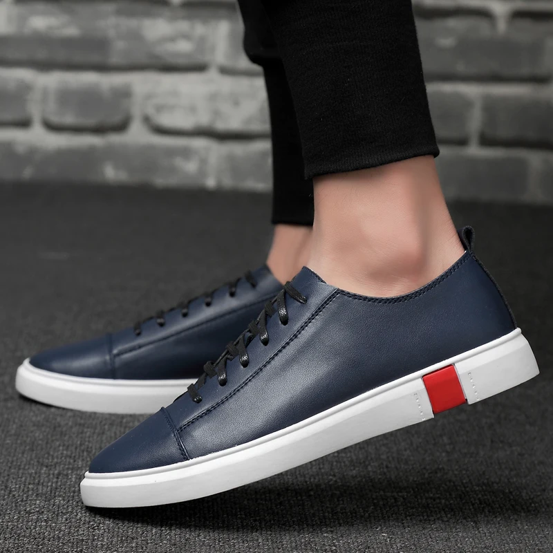 Band Sneakers Men Casual Shoes Genuine Leather shoes mens Designer solid Classic Fashion Male Lace up Flats black 36-47 | Обувь
