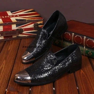 

Spring and Autumn Outdoor sets of feet casual shoes round head wedding black iron sequins increased men's leather shoes