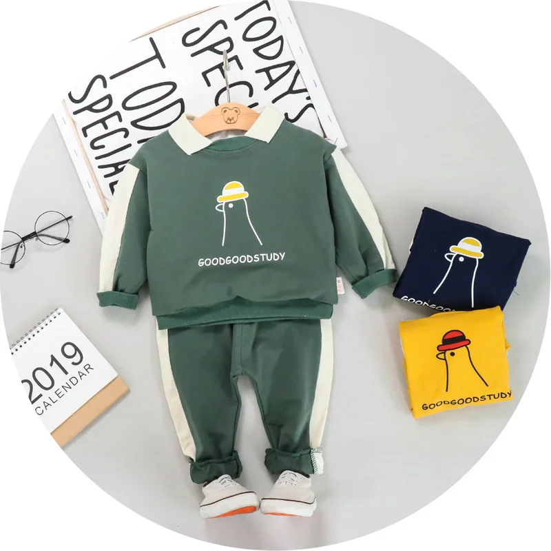 

2019 Autumn Clothing New Style Children Chickens Fold-down Collar Long Sleeve Two-Piece Set Baby Spring And Autumn Casual Long-s