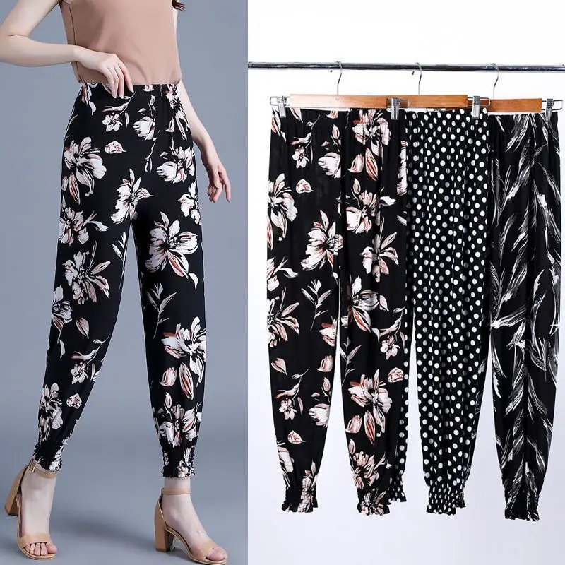 Summer Pants Women Cool Rayon Loose Drawstring Print Dot Casual Mom Sweatpants Big Size Fashion Harem Print Trousers