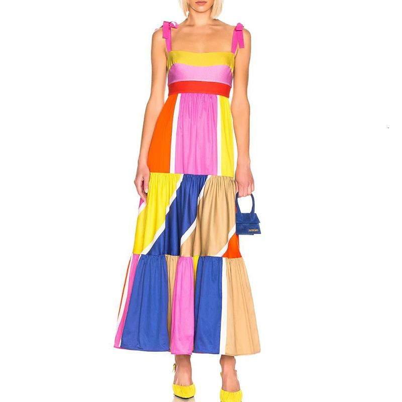TWOTWINSTYLE повседневные Лоскутные популярные цветные женские платья без рукавов квадратный воротник спагетти ремень Высокая талия модная одежда