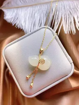 

Pure silver gilt inlaid natural hetian jade gourd pendant, jade, quartz, crystal, mysterious energy, nature's gift