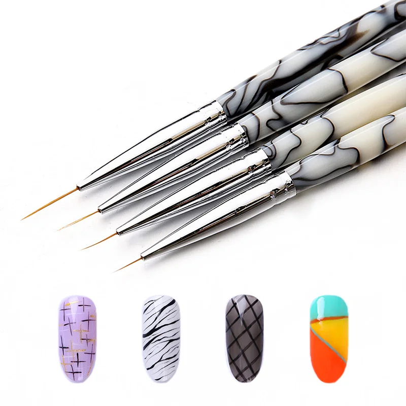 

4 Pcs/Kit UV Gel Liner Drawing Brush Painting Nail Liner Acrylic Pen Mixed Size Marble Handle Nail Art DIY Design Tools Pens