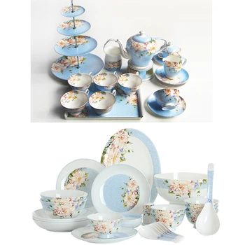 

delicate bone china coffee cup set and dinnerware set, red royal floral design, food thermal, party dishes