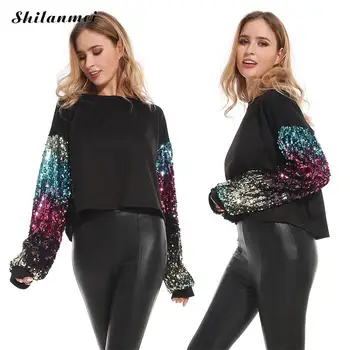 

Fashion Highstreet Sequin Sweatshirt Women Multicolor Round Neck Pullover Sweatshirt Autumn Casual Fashion Pullovers Hoodies Top