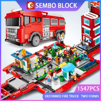 

Sembo 1547 PCS City Fire Station Building Blocks Can Change To Fire Engine Technic Truck Car Bricks Toys for Children