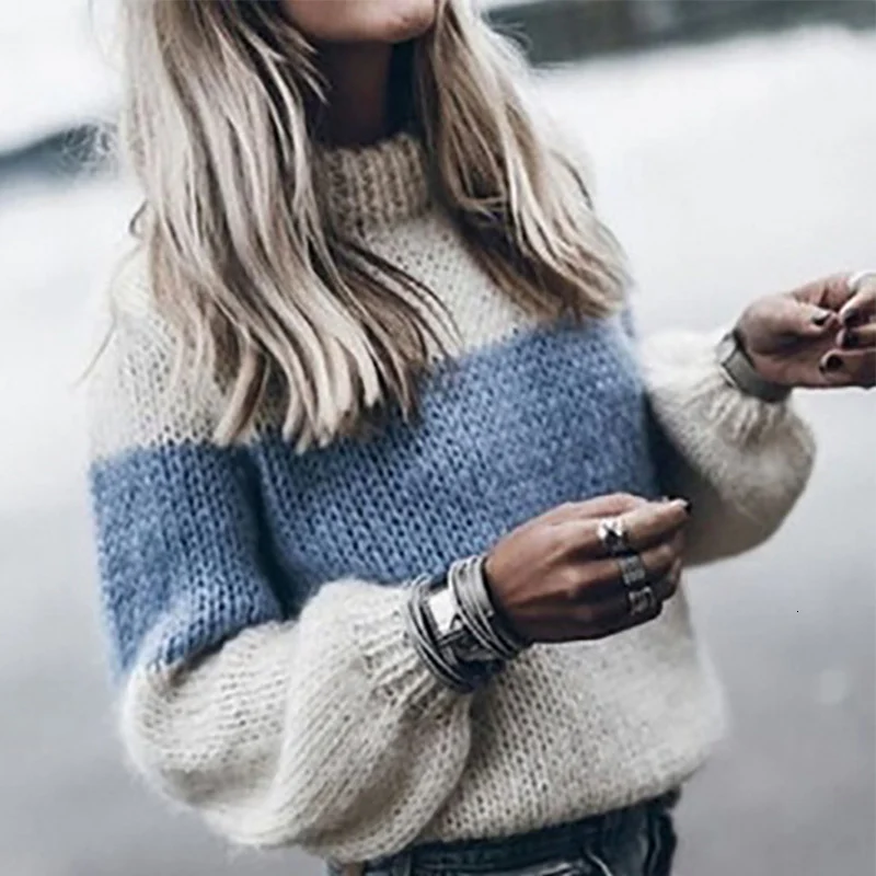 

Женский свободный вязаный свитер, пуловер с длинным рукавом и круглым вырезом в стиле пэчворк, модная теплая одежда, осень-зима 2019