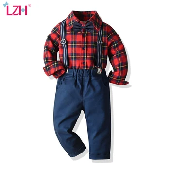 

LZH 2020 New Autumn Toddler Boys Clothes Gentleman Birthday Outfits Suit Plaid Shirt Overalls Set Kids Clothes Children Clothing