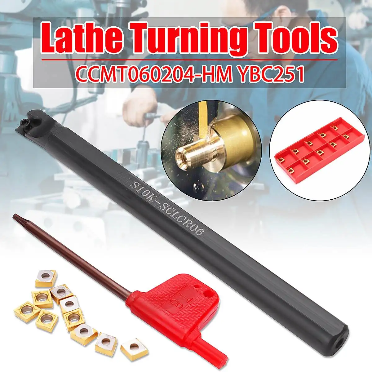 

S10K-SCLCR06 Lathe Holder Turning Tool Boring Bar +10Pcs CCMT060204-HM Carbide Inserts For CNC Lathe Turning Tools lathe cutter