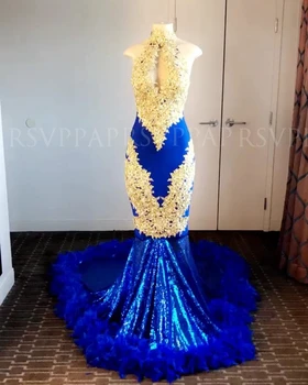 

Royal Blue Long Prom Dresses 2020 High Neck Mermaid Style Gold Lace Black Girls Feather Gala Prom Gowns