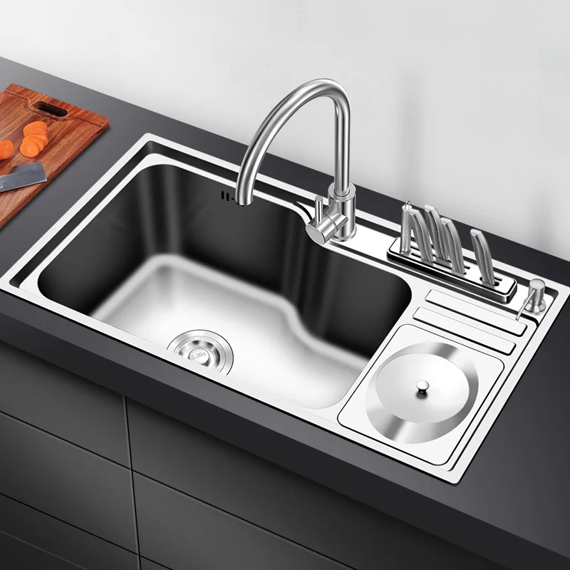 Stainless Steel Nano-kitchen Sink Drawing Large Single-slot Dish Basin Set with Trash Bin Knife Holder Multifunction Table Board |
