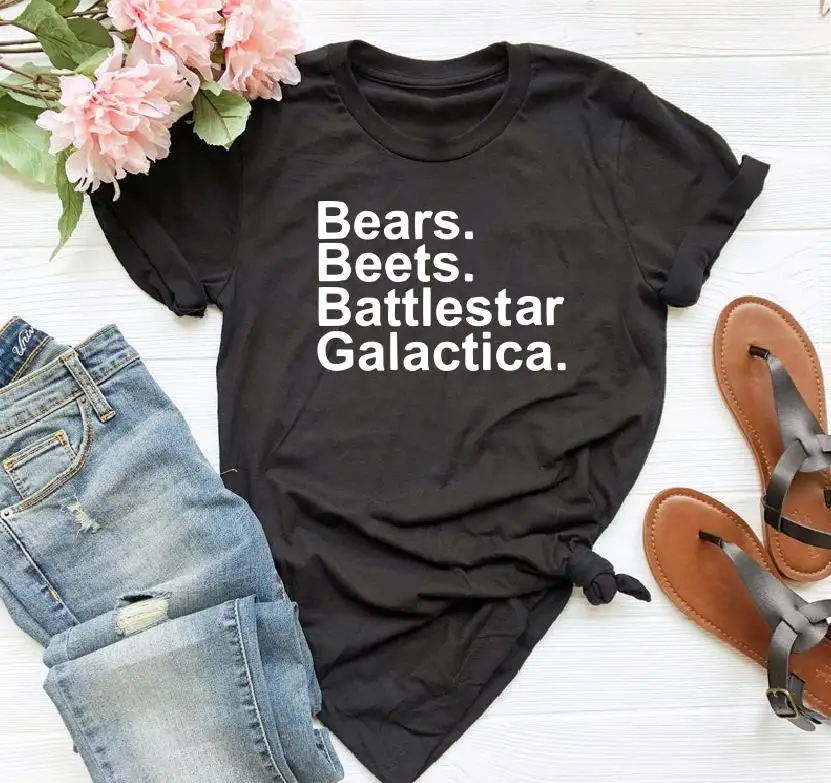 black t white words Beets battlestar Galactica футболка Dwight Schrute Farms Повседневная Женская хлопковая модная футболка с коротким рукавом Прямая поставка - Цвет: black t white words