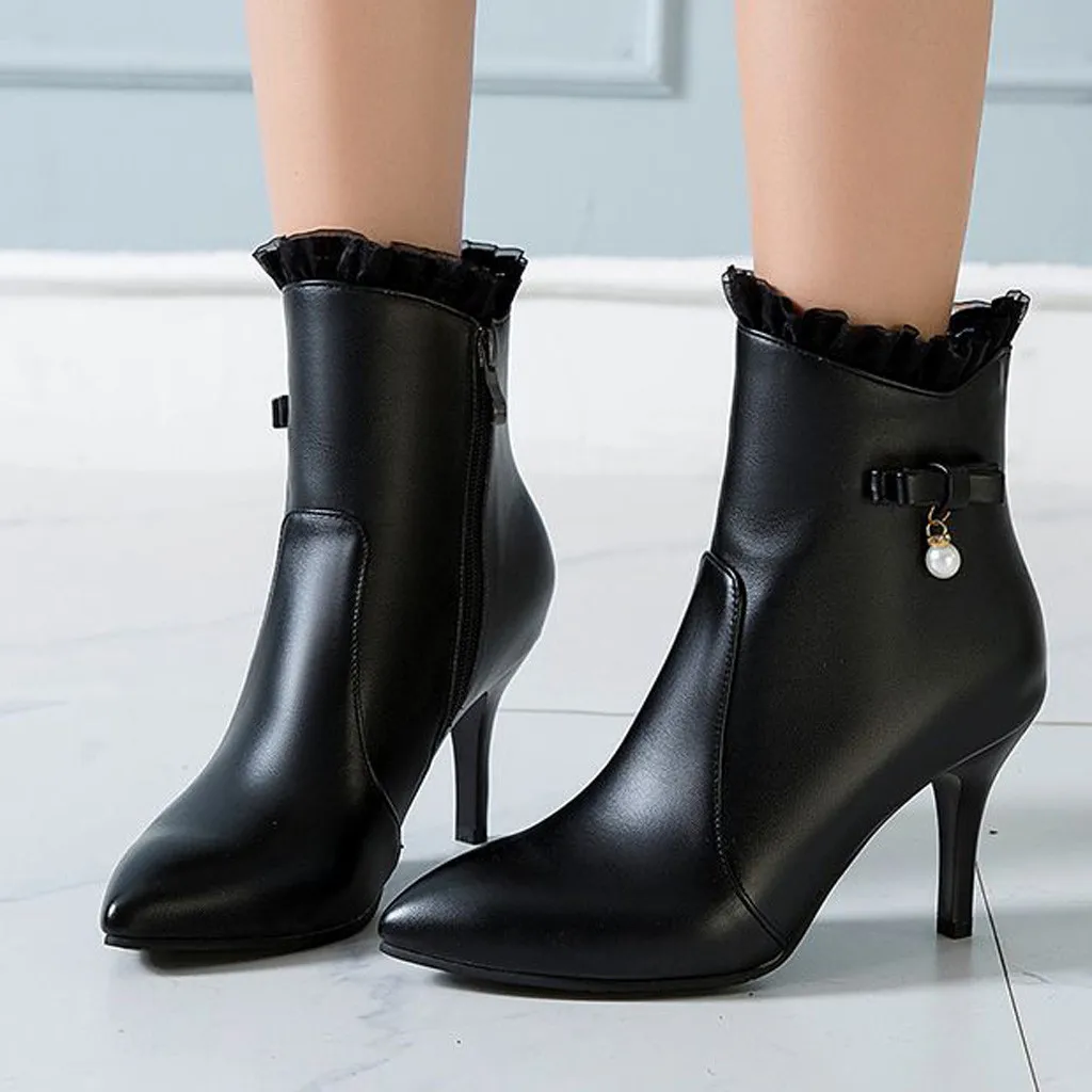 

Pointed New women's shoes woman thick bottom pearl boots ruffled high heel sexy daily Boots botas de mujer 2019