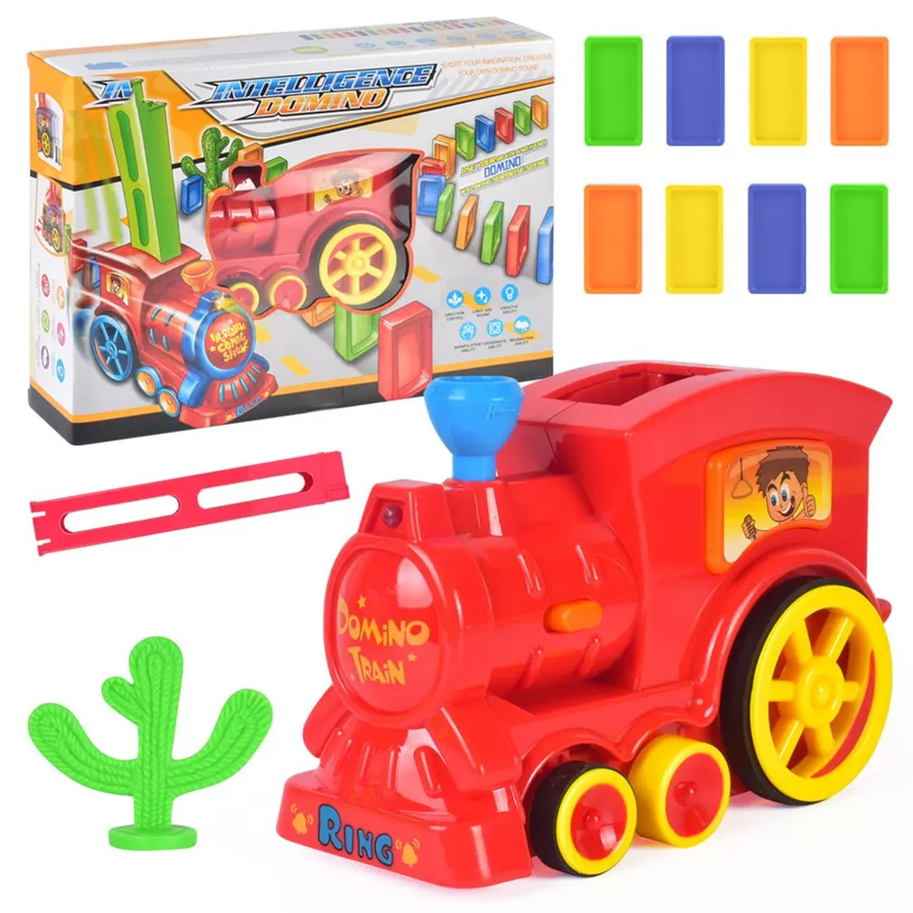 Electric Domino Train Car Vehicle Model With Sound Light Music Domino Blocks Kits Magical Automatic Set Up Colorful Games Toys