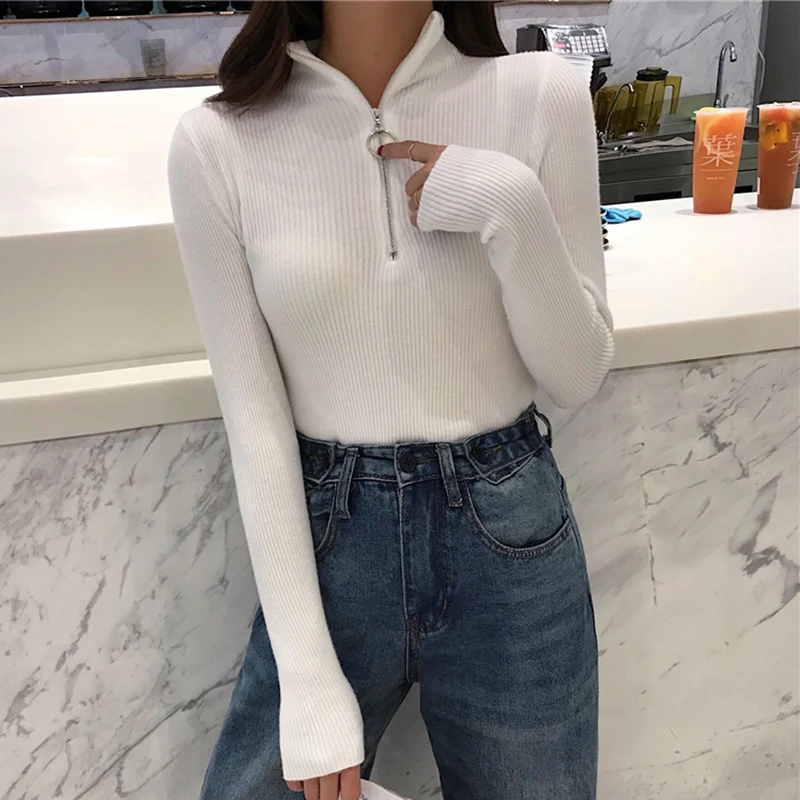 2022 Knitted Women Zipper High Neck Sweater Pullovers Turtleneck Autumn Winter Basic Women Sweaters Slim Fit Black Pull Femme