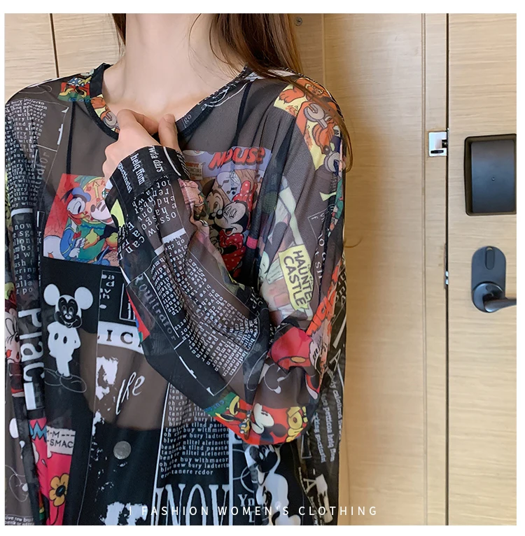 Disney 2021 Summer Famous Anime Mickey Mouse Brand Mesh Shirt Women Sun Protection Transparent Long Sleeve Blouse Ladies T-shirt