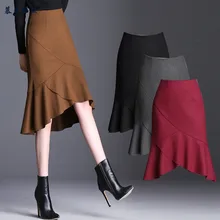 Новая мода, высокое качество, рыбий хвост, шерстяная осенне-зимняя женская юбка с высокой талией, повседневная Юбка До Колена размера плюс M-3XL 4XL