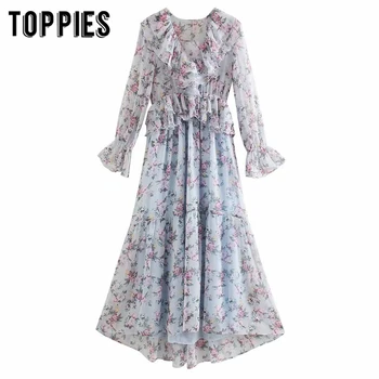 

2020 Spring Summer Flroal Printing Midi Dress Lolita Girl Cute Ruffles Dress Women sweet vestidos
